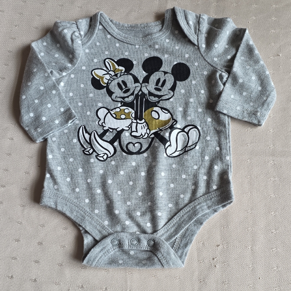 okie dokie Gray Polka Dot Mickey & Minnie Graphic Bodysuit with Gold Accents